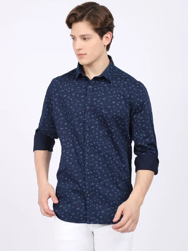 Cycling Knit TopsMen's Navy Blue Casual Abstract Print Full Sleeve Shirt