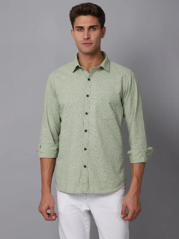 Striped Knit TopsMen's Light Green Casual Ditsy Print Full Sleeve Shirt