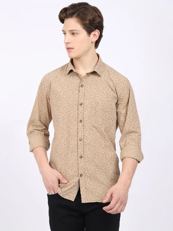 Statement Knit TopsMen's Khaki Casual Ditsy Print Full Sleeve Shirt