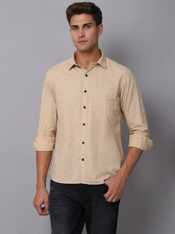 Sheer Knit TopsMen's Light Khaki Casual Ditsy Print Full Sleeve Shirt