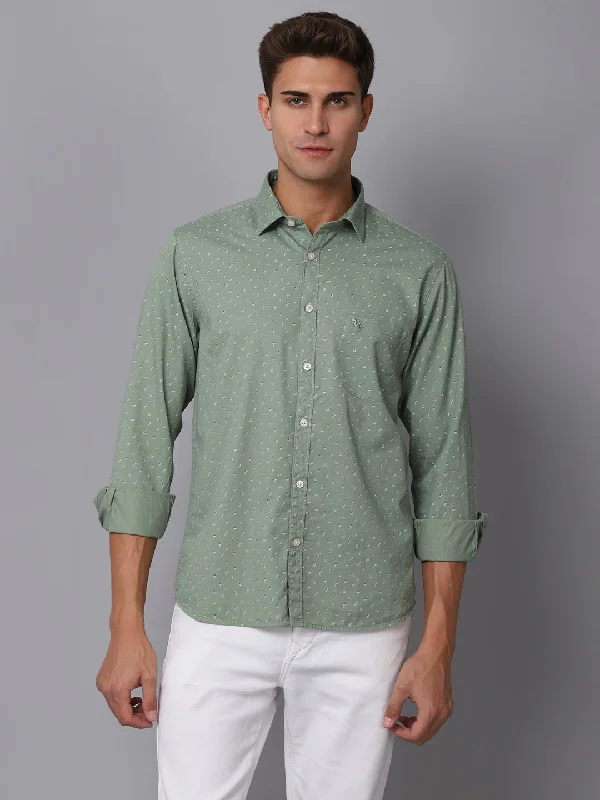 Studded Knit TopsMen's Light Green Casual Ditsy Print Full Sleeve Shirt