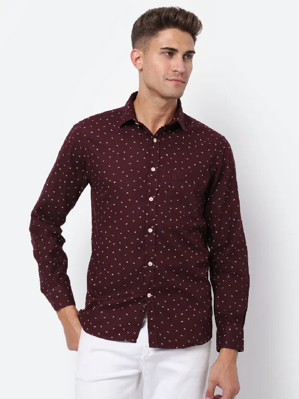 Painted Knit TopsMen's Maroon Casual Ditsy Print Full Sleeve Shirt