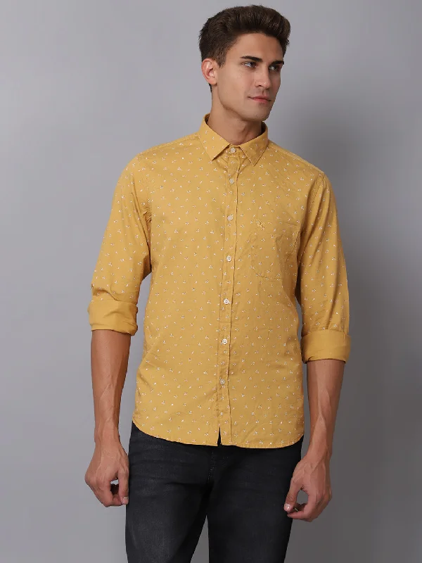 Button-Up Knit TopsMen's Mustard Casual Floral Print Full Sleeve Shirt