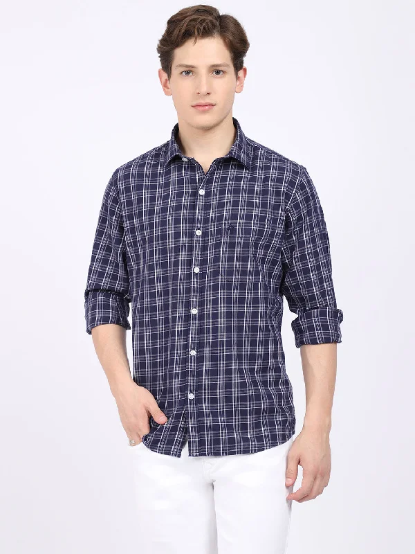 Striped Knit TopsMen's Navy Blue Casual Medium Checks Full Sleeve Shirt