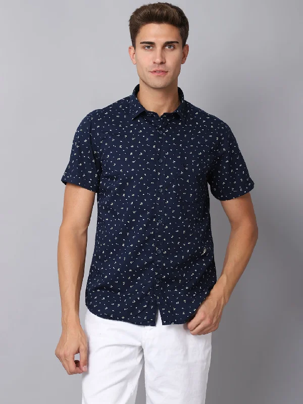 Turtleneck Knit TopsMen's Navy Blue Casual Floral Print Half Sleeve Shirt