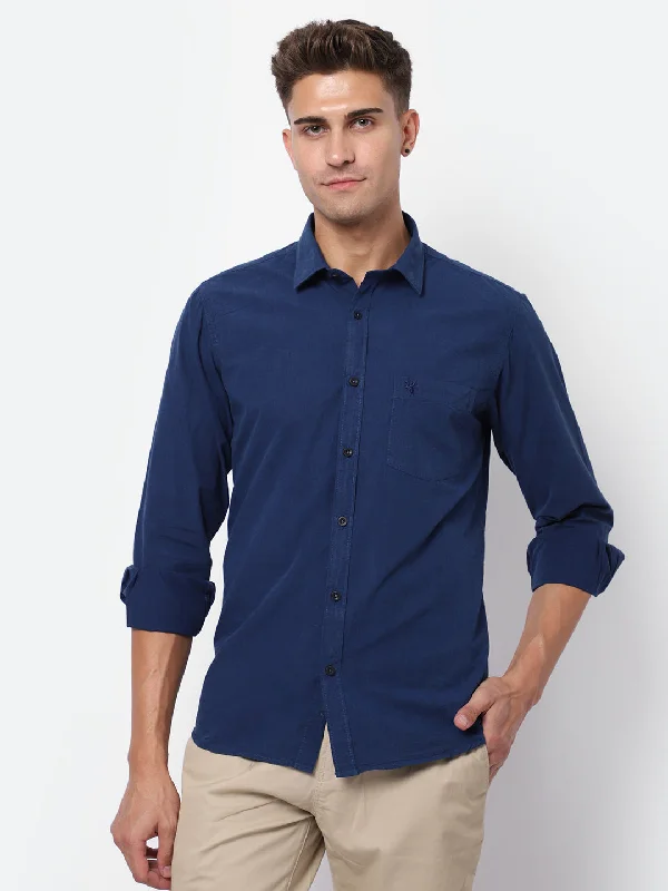 Logo Knit TopsMen's Navy Blue Casual Fil a Fil Plain Full Sleeve Shirt