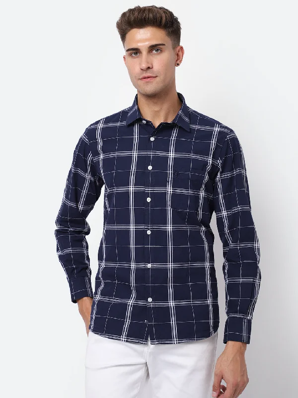 Hemp Knit TopsMen's Navy Blue Casual Big Checks Full Sleeve Shirt