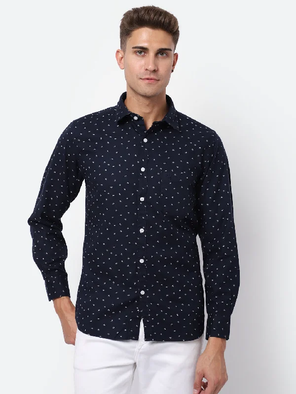 Cotton Knit TopsMen's Navy Blue Casual Ditsy Print Full Sleeve Shirt