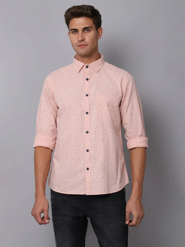 Crewneck Knit TopsMen's Light Peach Casual Ditsy Print Full Sleeve Shirt