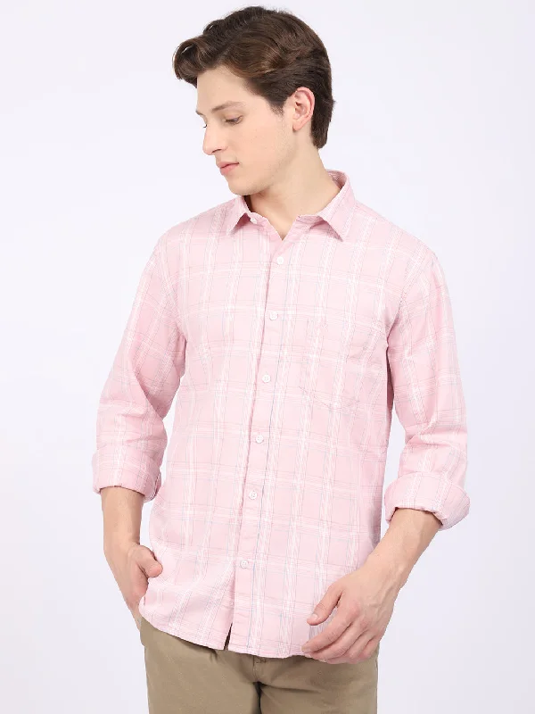 Urban Knit TopsMen's Light Pink Casual Medium Checks Full Sleeve Shirt