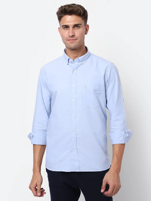 Work Knit TopsMen's Sky Blue Casual Plain Full Sleeve Shirt