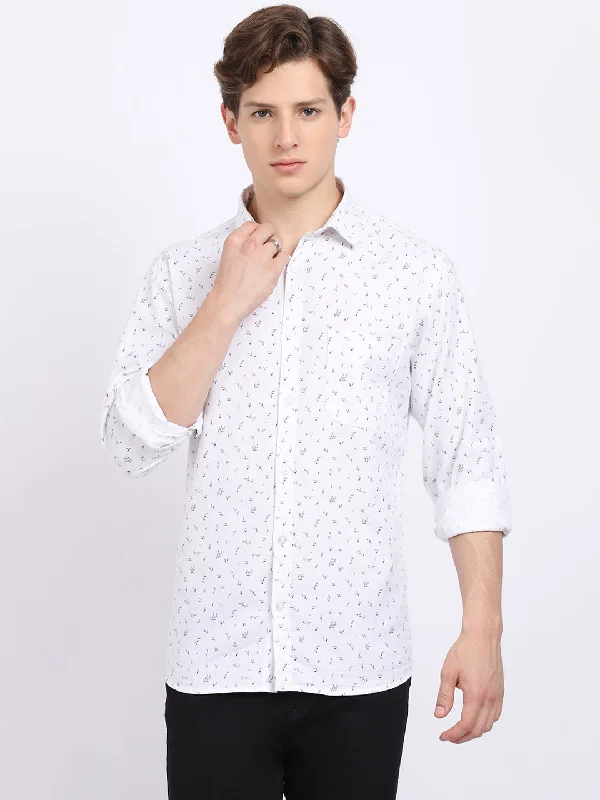 Cropped Knit TopsMen's White Casual Floral Print Full Sleeve Shirt