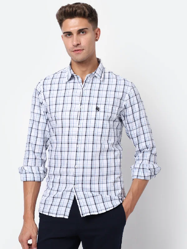 Organic Cotton Knit TopsMen's White Casual Medium Checks Full Sleeve Shirt