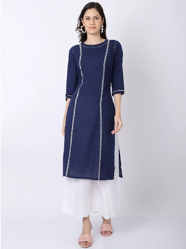 Cashmere Knit TopsWomen's Casual Round neck Navy Blue Embroidered Knee length Kurti