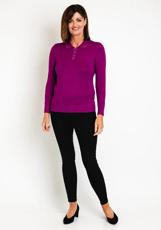 Castle Of Ireland Diamante Flat Collar Sweater, LoganberryKnit Ribbed