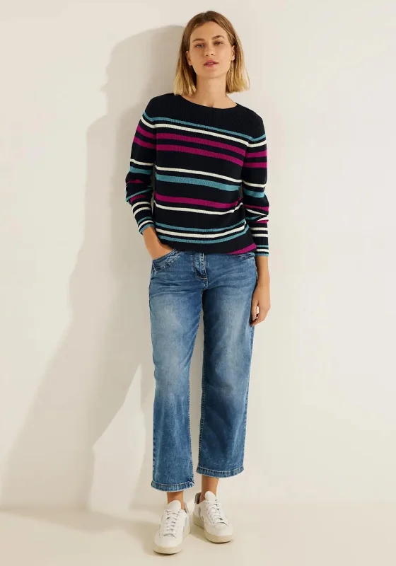 Cecil Multicolour Striped Fine Knit Sweater, Night Sky BlueKnit Fall