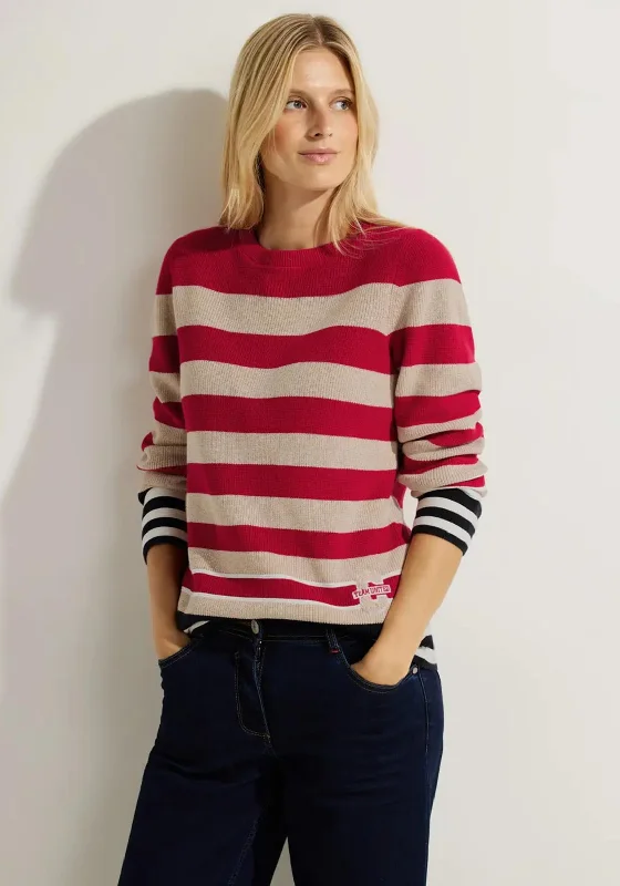 Cecil Multicolour Striped Sweater, Casual RedKnit Heavyweight