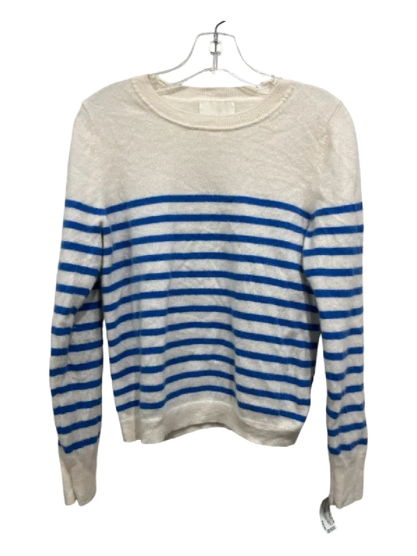 Hunting Knit TopsCynthia Rowley Size L Cream & Blue Cashmere Horizontal Stripes Crew Neck Sweater