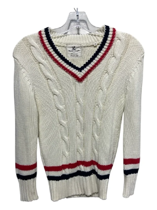 Tasseled Knit TopsDenimist Size S Cream, Red & Blue Cotton V Neck Cable Stitch Ribbed Trim Sweater