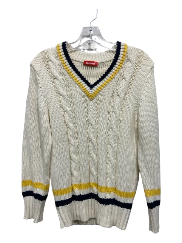 Glitter Knit TopsDenimist Size S Cream, Yellow & Navy Cotton V Neck Cable Stitch Sweater