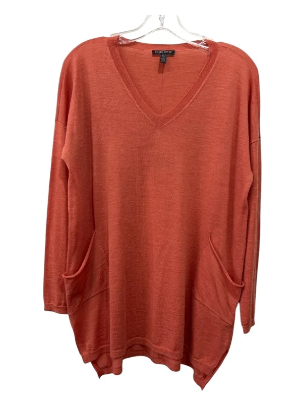 Cropped Knit TopsEileen Fisher Size PM Orange Merino Wool Long Sleeve V Neck Heathered Sweater