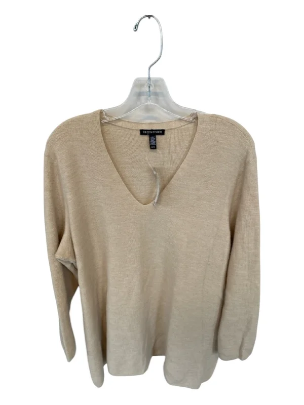 Fitted Knit TopsEileen Fisher Size XL Tan Merino Wool Knit Long Sleeve V Neck Sweater