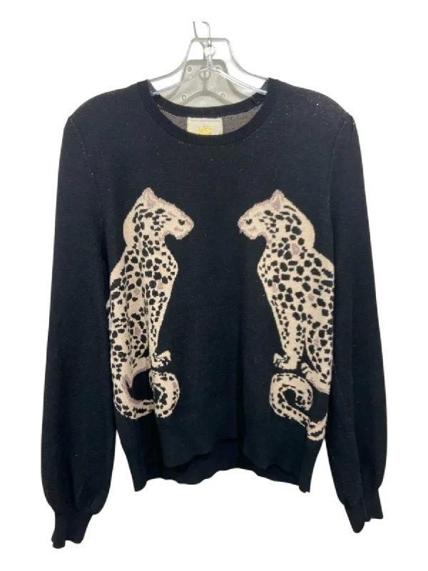 Cropped Knit TopsEmily McCarthy Size S Black & Tan Viscose & Polyester Cat Print Glitter Sweater