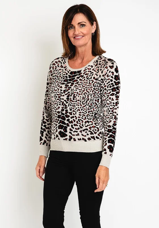 Eva Kayan Leopard Print Sweater, Stone MultiKnit Lightweight