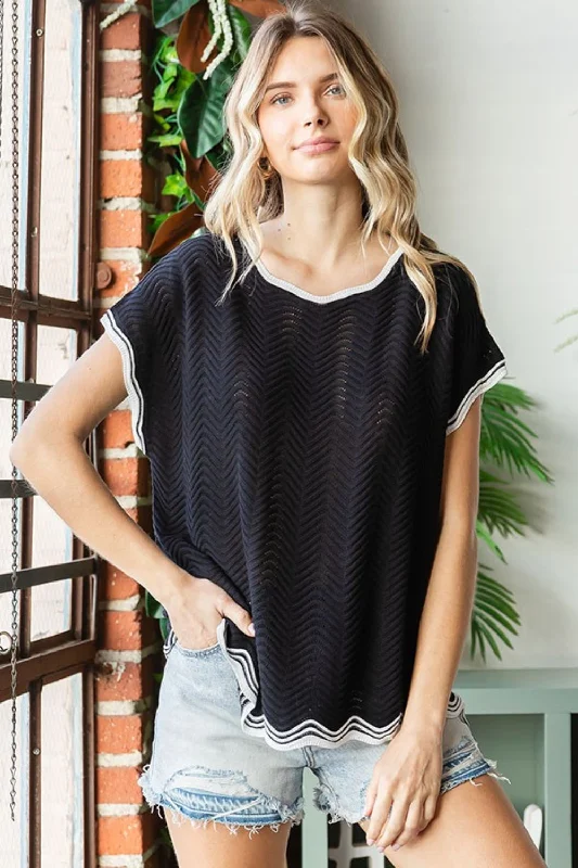 Painted Knit TopsFirst Love Full Size Contrast Wavy Crochet Drop Shoulder Knit Top