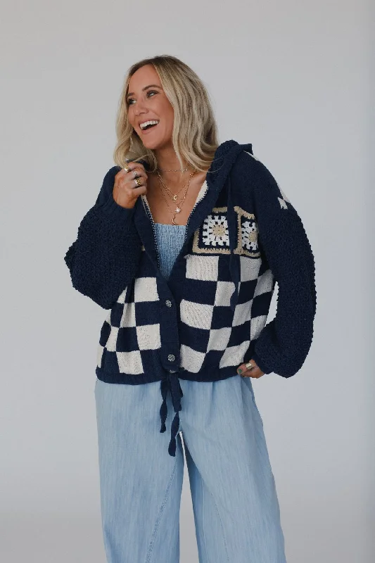 Ribbed Cuff Knit TopsFlower Check Hoodie Top - Navy