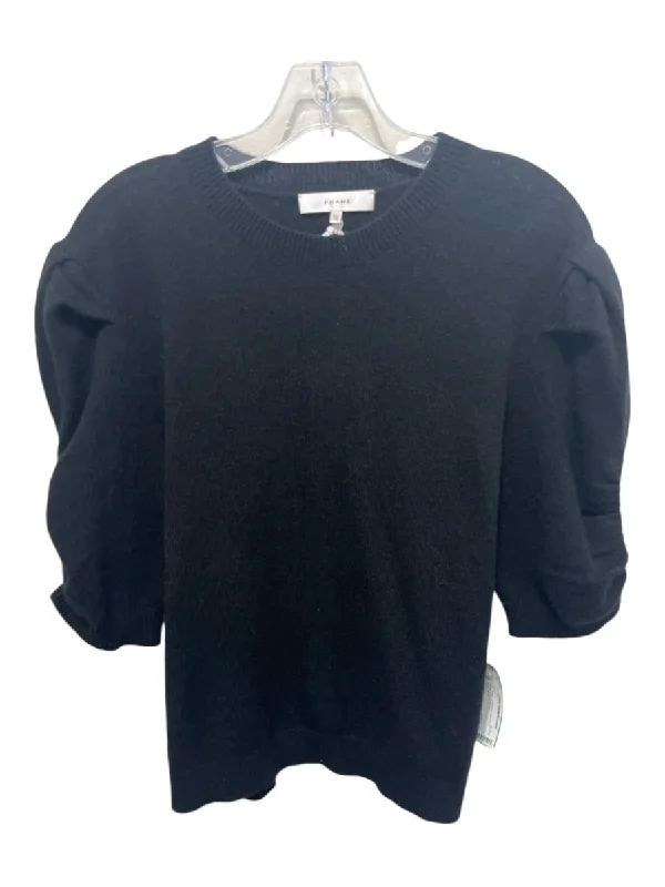 Embellished Knit TopsFrame Size XL Black Cashmere Short Puff Sleeve Knit Sweater