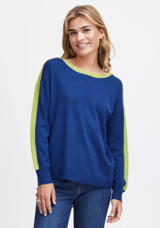 Fransa Contrast Rib Trim Sweater, Royal Blue & LimeKnitted Top