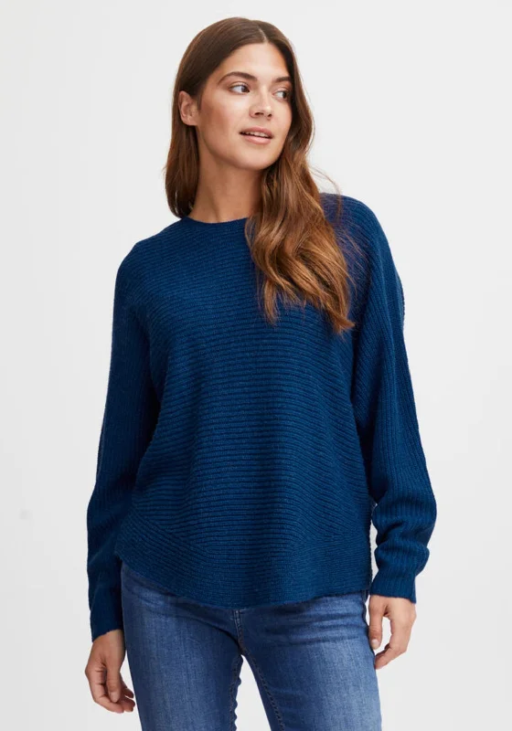 Fransa Ribbed Knit Loose Jumper, BlueKnitted Pullover