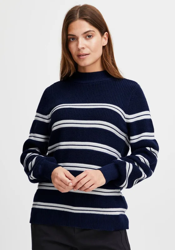 Fransa Striped Funnel Neck Jumper, NavyKnit Sweater