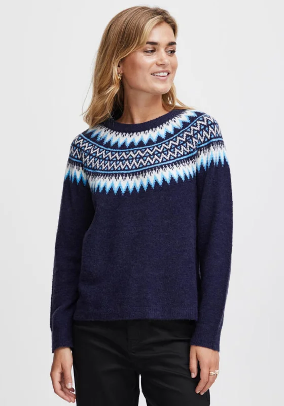 Fransa Nordic Pattern Neck Jumper, NavyKnitted Sweater