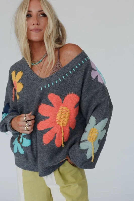 Angora Knit TopsGood Mood Flower Print Sweater - Charcoal