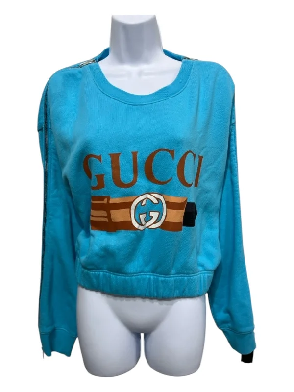 Embroidered Knit TopsGucci Size XL Blue & Multi Cotton Long Sleeve Crop Logo Zipper Sweater