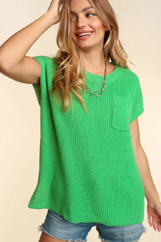 Beaded Knit TopsHaptics Pocketed Round Neck Cap Sleeve Knit Top