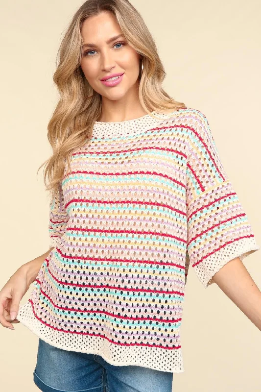 Hiking Knit TopsHaptics Striped Crochet Drop Shoulder Knit Top