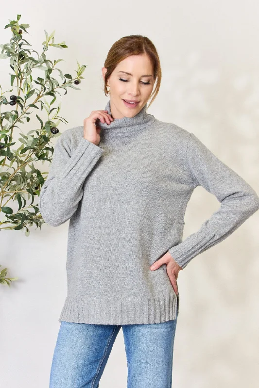 Cotton Knit TopsHeimish Full Size Turtleneck Long Sleeve Slit Sweater