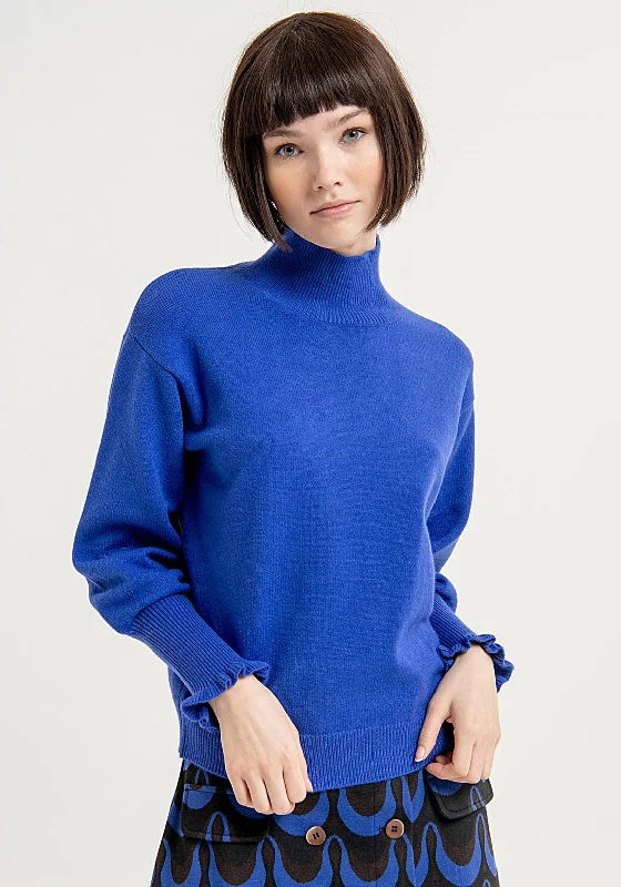 Surkana Frill Cuffed Sleeves High Neck Sweater, Royal BlueKnitted Fall