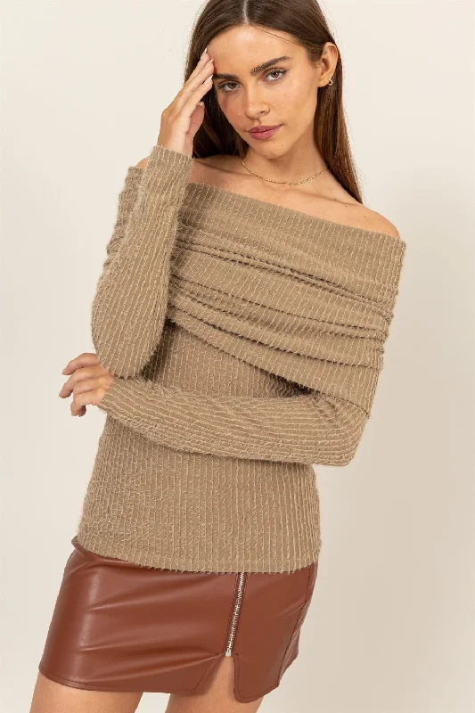 Running Knit TopsHYFVE Fuzzy Off Shoulder Textured Knit Top