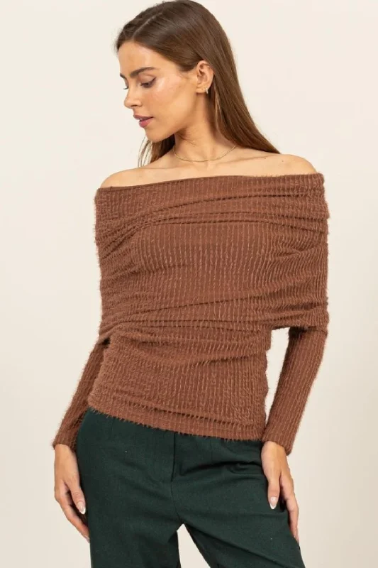 Polyester Knit TopsHYFVE Fuzzy Off Shoulder Textured Knit Top