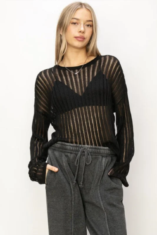 Sequined Knit TopsHYFVE Openwork Ribbed Long Sleeve Knit Top