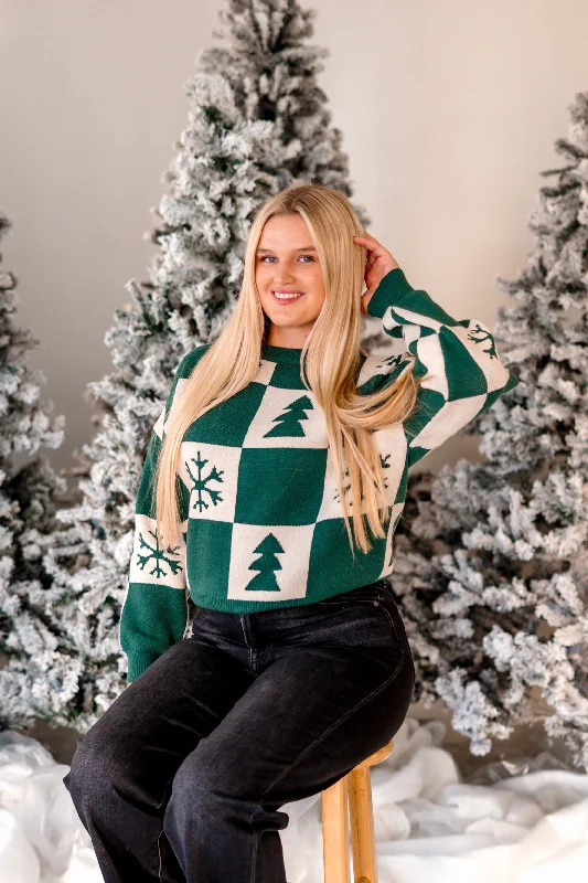 Leather-Paneled Knit TopsChristmas Checkered Sweater | Green/Cream