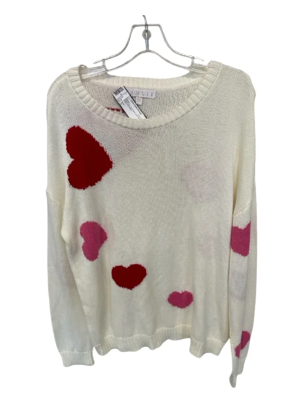 Scoop Neck Knit TopsKarlie Size L White & Red Acrylic Blend Long Sleeve Hearts Knit Sweater