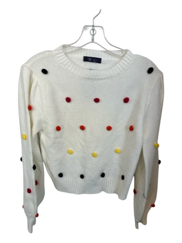 Bamboo Knit TopsKLD Size M/L White & Multi Viscose Long Balloon Sleeve Pom Pom Sweater