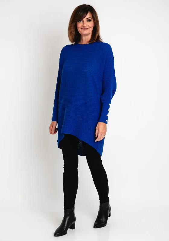 Serafina Collection One Size Embellished Cuff Longline Sweater, Royal BlueKnitted Striped