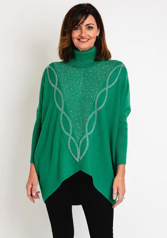 Serafina Collection Rhinestone Embellished Knit Sweater, GreenKnitted Collared