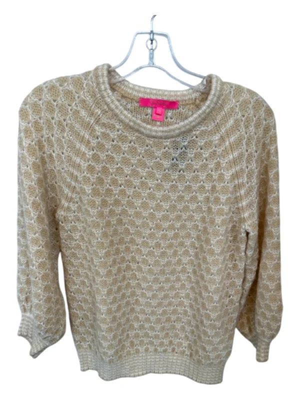 Angora Knit TopsLilly Pulitzer Size XS Tan & White Wool Blend Loose Knit Long Sleeve Sweater